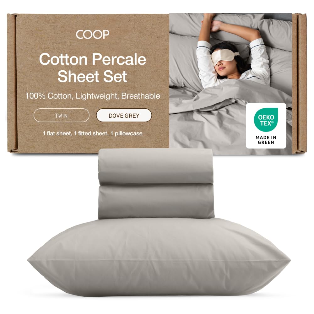 Coop Home Goods Cotton Percale Bed Sheet Set Twin, Dove Grey, Crisp 100% Cotton Sheets for Hot Sleepers, Breathable Deep Pocket Queen Sheets and Pillowcase Set, Oeko-TEX Certified