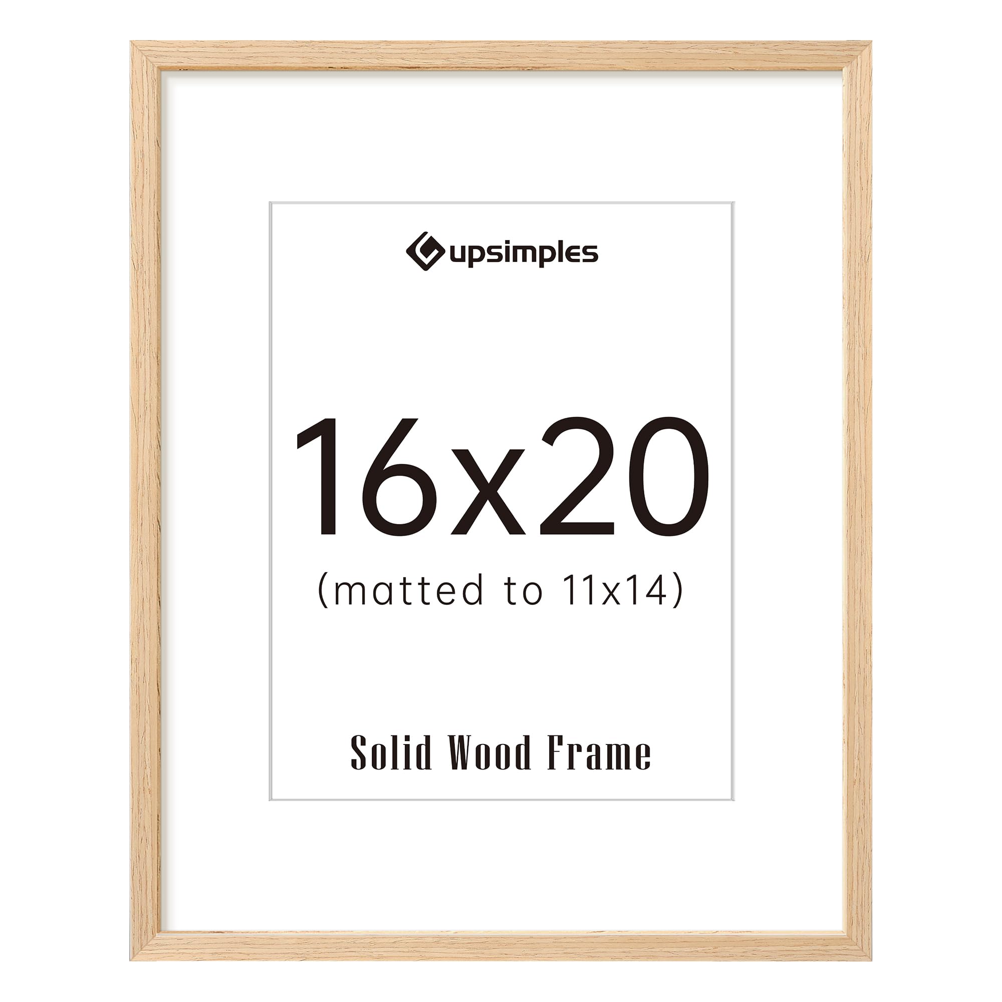 upsimples 16x20 Frames, Natural Solid Wooden Picture Frames, Display 11x14 with Mat or 16 x 20 Without, Vertical or Horizontal Wall Hanging, 1 Pack, Natural