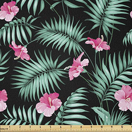 Image of Ambesonne Hawaiian Fabric by The Yard, Romantic Exotic Summer Nature Theme with Leaves and Flowers, Stretch Knit Fabric for Clothing Sewing and Arts Crafts, 1 Yard, Mint Green Pale Pink