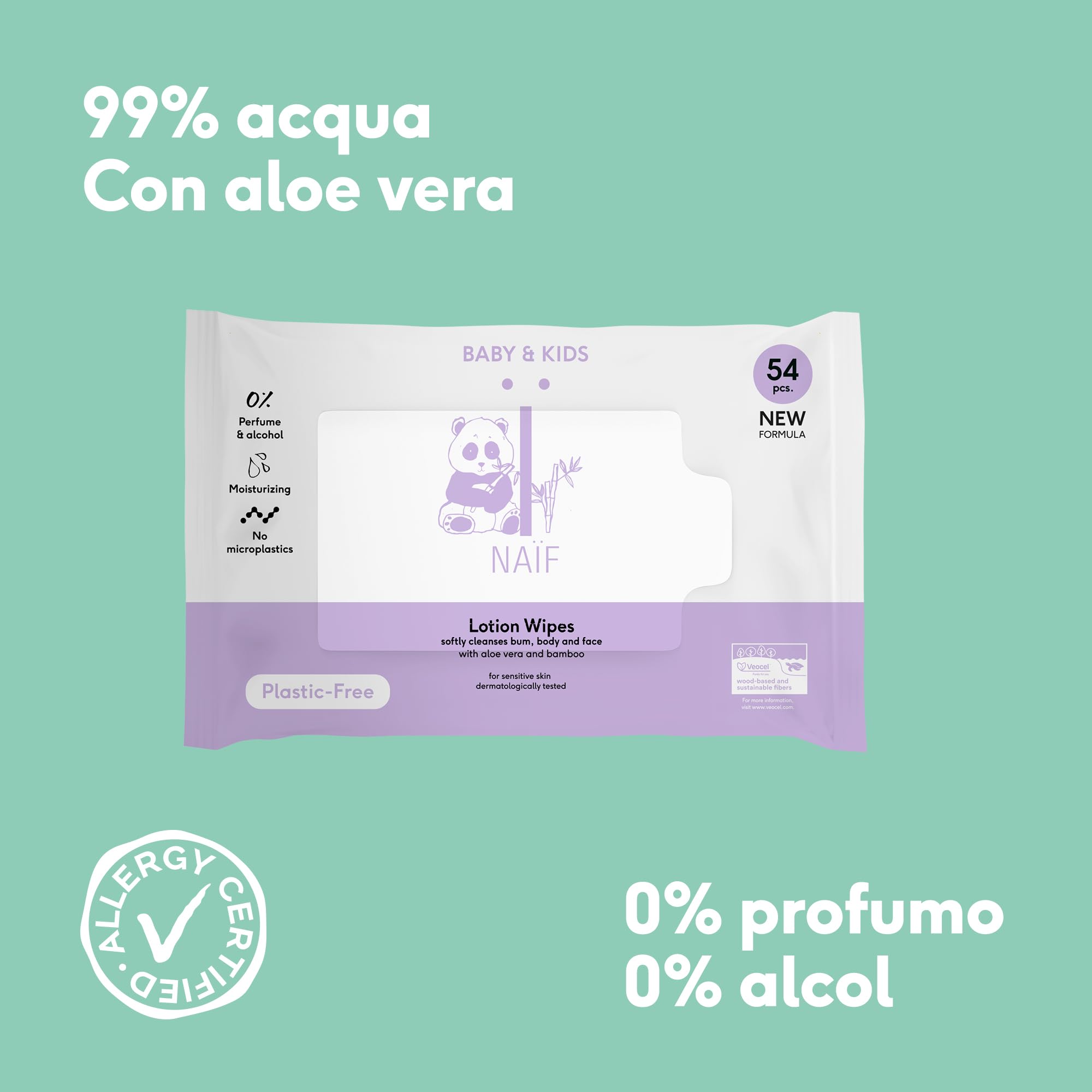 Naïf - Salviettine umidificate in lozione senza plastica - 1296 pezzi (24 confezioni x 54 salviette) - Per neonati e bambini - Sedere, corpo, viso - Con aloe vera e bambù - 0% profumo e alcol