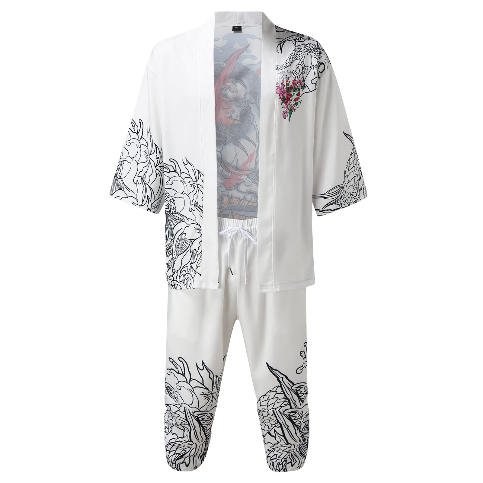 Generico Kimono estivo da uomo, 2 pezzi, tuta sportiva a maniche corte, maglietta funzionale, pantaloncini, accappatoio giapponese, classico, cardigan classico, giacca classica
