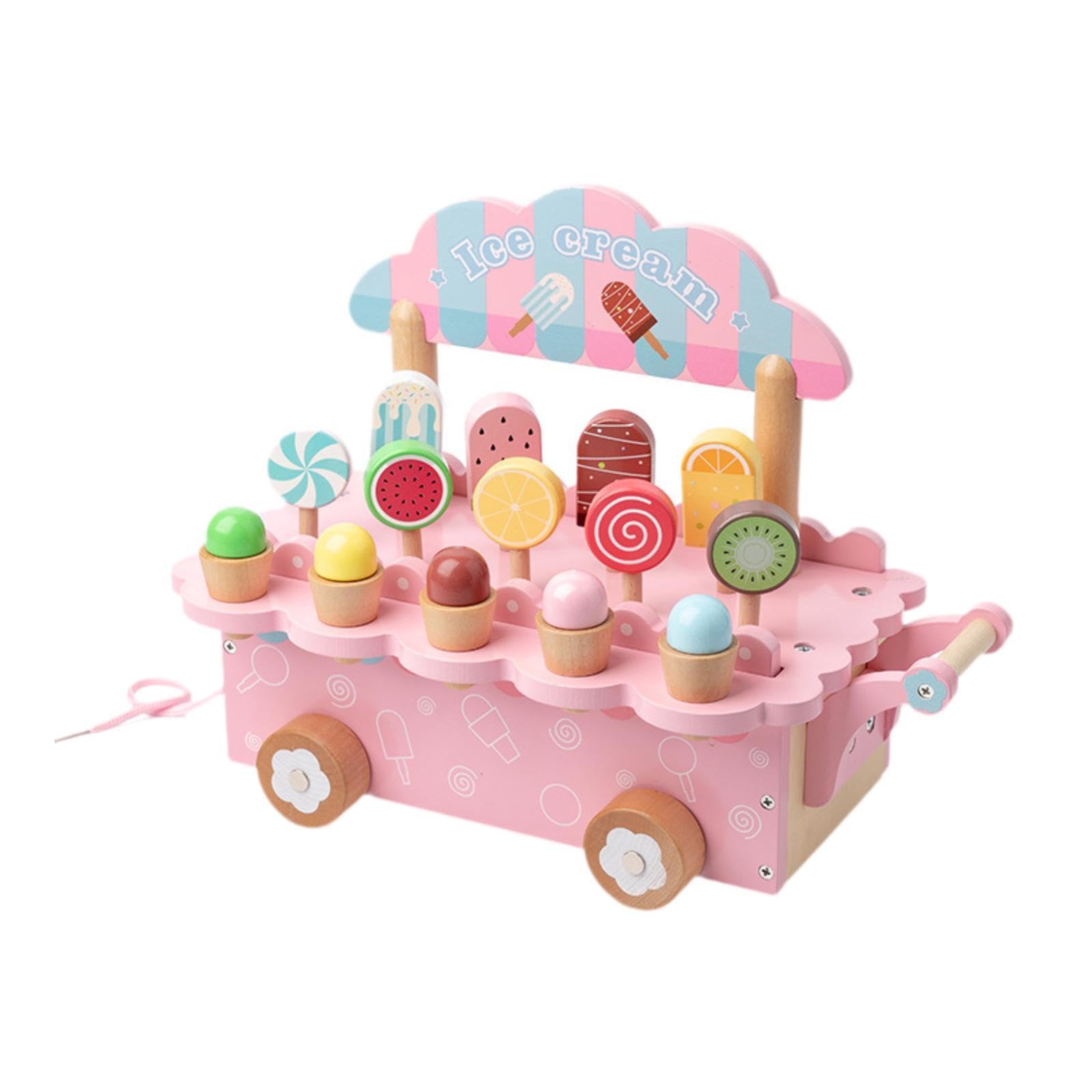 Set di Giocattoli in Legno a Forma di Gelato per Giochi di Ruolo in Cucina, Set Educativo in Legno con Cibo Giocattolo per Bambini dai 3 agli 8 Anni, Rosa