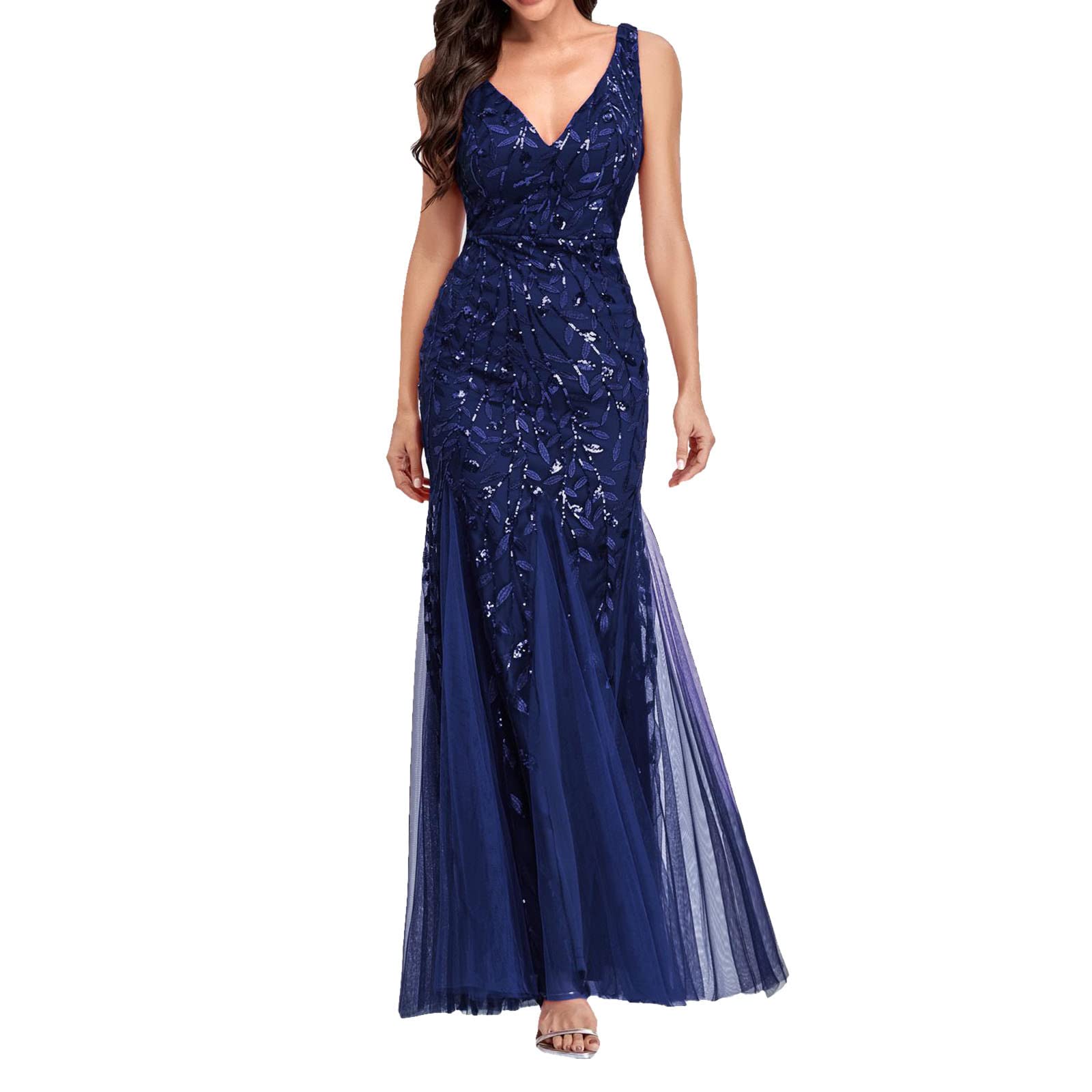 Womens Fishtail Evening Dresses Embroidered Sleeveless V Neck Wedding Bridesmaid Evening Long Dress Floor Length Navy L