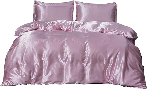 Vista 22 de Juego de funda de edredón de satén, tamaño Queen / Matrimonial, ropa de cama de edredón de lujo suave y sedosa, funda de edredón de satén sedoso