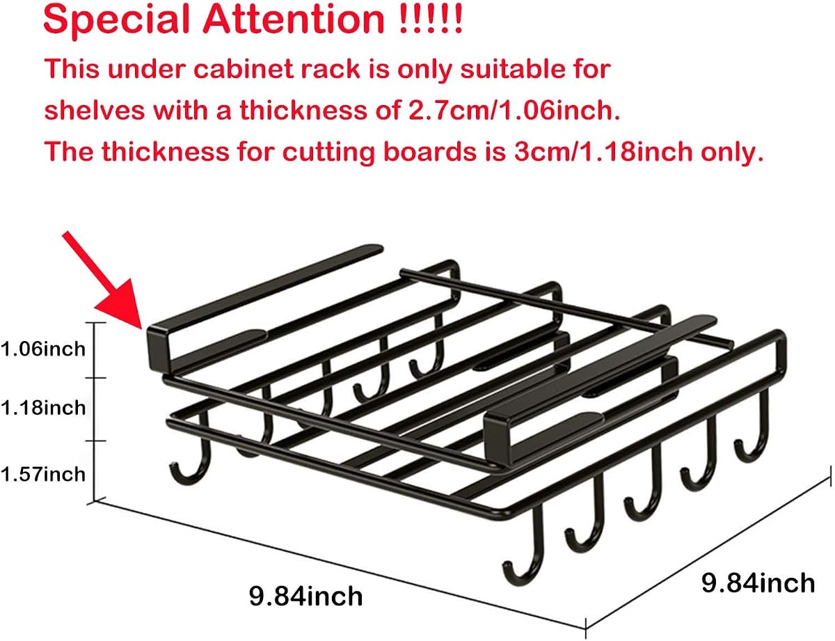 Mug Hooks Under Cabinet,Paper Towel Holder Under Cabinet,Chopping Board Organizer,No-Hole Multifunctional Stainless Steel Under Cabinet Shelf,For Kitchen Utensils,Cups,Towel,Cutting Board (Black)