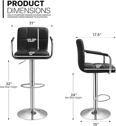 Miniatura 3 de MoNiBloom Juego de 2 taburetes de bar ajustables con reposabrazos con respaldo cuadrado, modernos taburetes de bar giratorios con reposapiés para