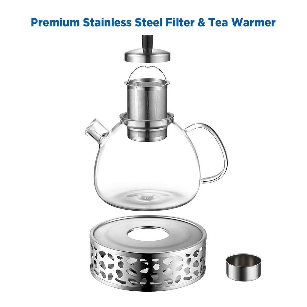 ecooe Tetera de vidrio para té 1500 ml con colador de acero inoxidable extraíble jarra de vidrio que se calienta en la estufa