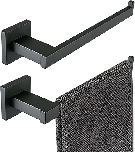 Toallero de mano negro mate, 2 piezas, anillo de toalla de baño, toallero de baño, toallero cuadrado de acero inoxidable montado en la pared,