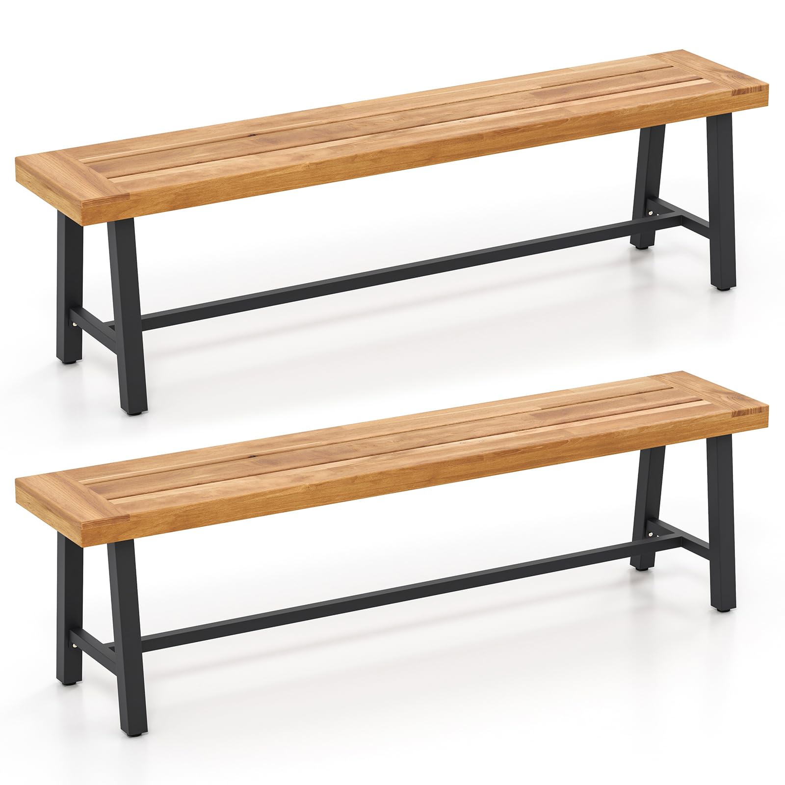 GIANTEX Banc de Jardin en Bois d'Acacia 160 x 32 x 45 CM, 3-4 Places Banquette d'Exterieure avec Barres de Support, Pieds Réglables, Charge 320 KG, Assise Large pour Terrasse, Parc (2)