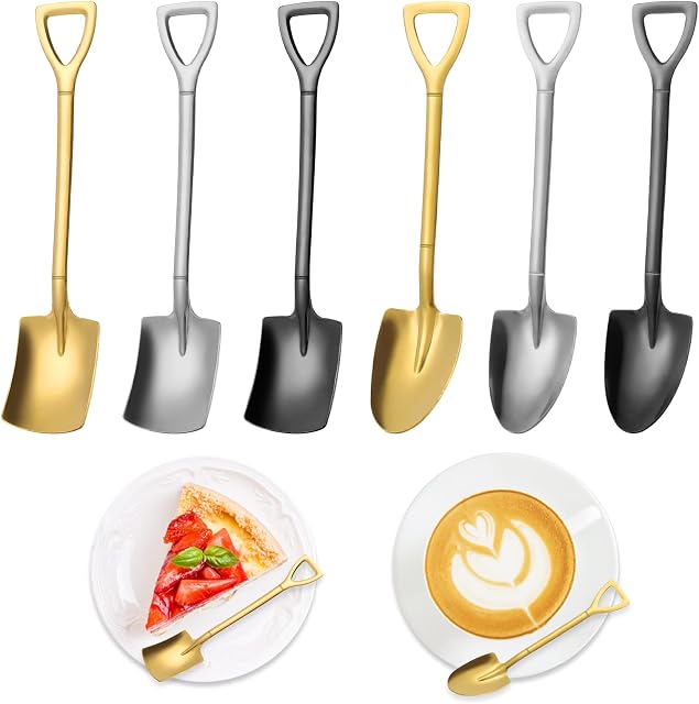 cobee Shovel Spoon, 3 Shovel Spoon+3 Pointed Spoons, Stainless Steel Spade Spoon Novelty Spade Teaspoons Coffee Latte Spoons Ice Cream Spoons Dessert Spoons for Kitchen Tea Party(Silver, Black, Gold)