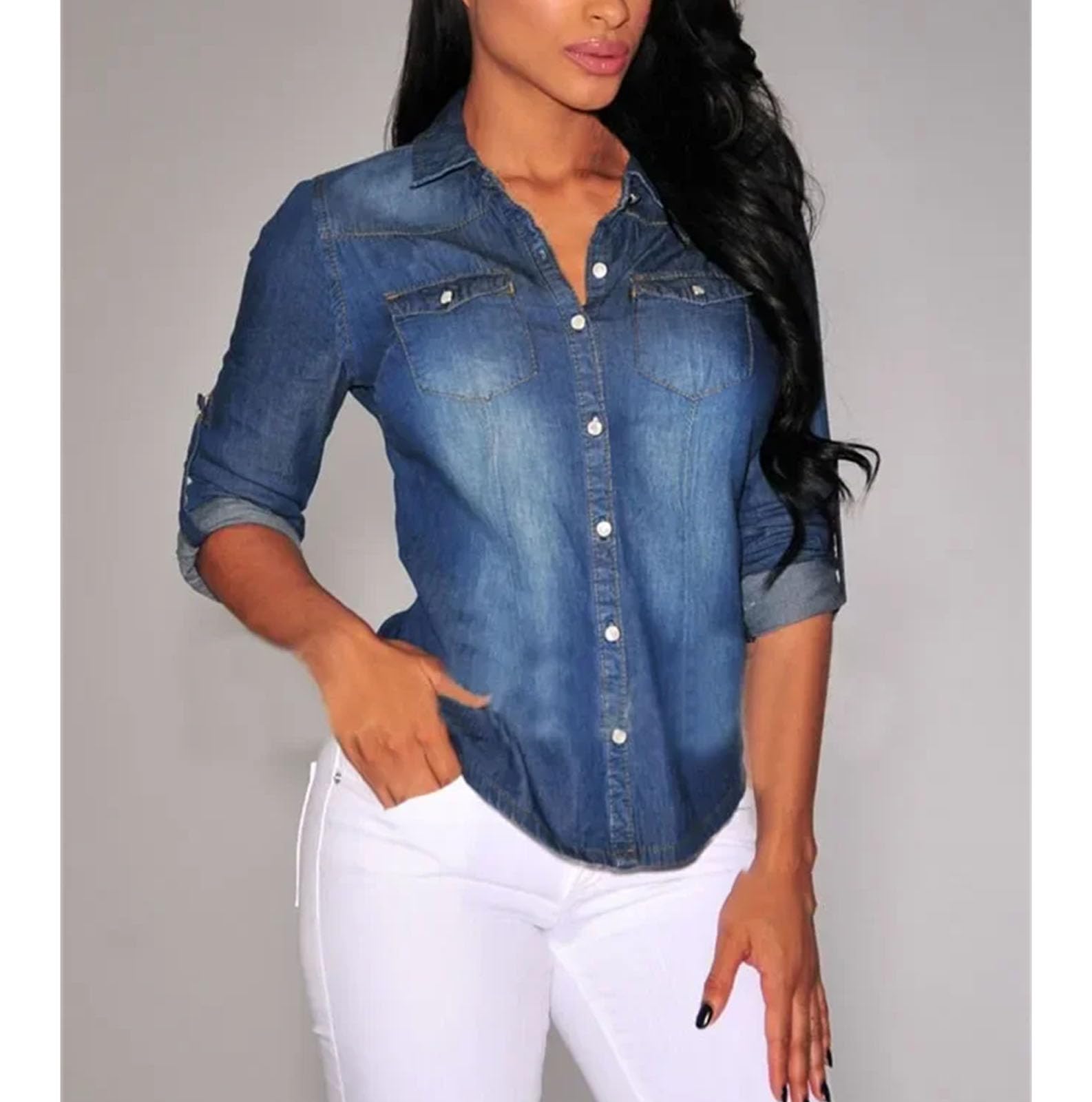 Camicie da donna Manica Lunga Turn Down Colletto Monopetto Pulsante Denim Camicette Tinta unita Slim Fit High Street Tasche