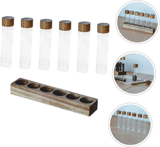 Set de 6 tubos de vidrio para café con soporte de madera miniatura 9