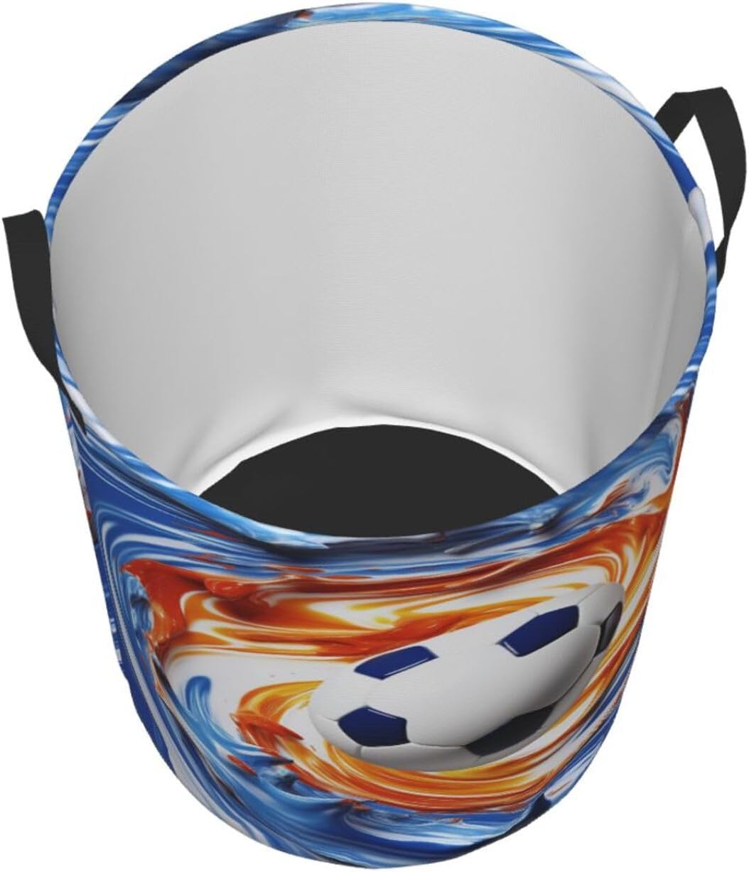 Soccer ball in blue and white swirls Laundry Basket With Handles, Foldable Laundry Hamper Oxford Cloth Dirty Clothes Basket Waterproof Clothes Toys Storage Bin Organizer for Bedroom Bathroom Dorm