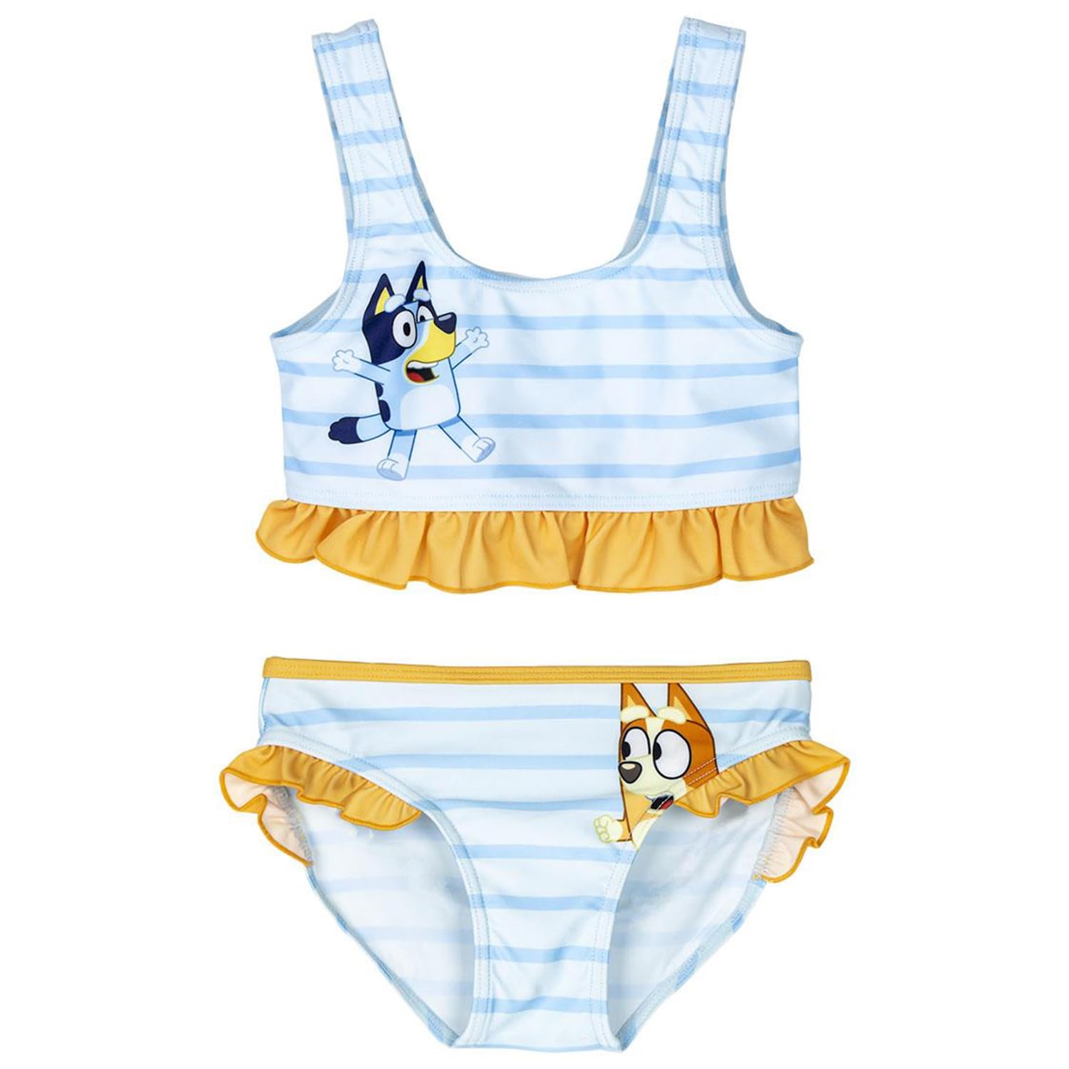 Bluey Officiel – Bikini Fille 2 Pièces avec Volants, Maillot de Bain Rayé Bleu Clair et Jaune, Motifs Bluey & Bingo, Confortable et Léger, Idéal pour Plage, Piscine et Vacances d'Été