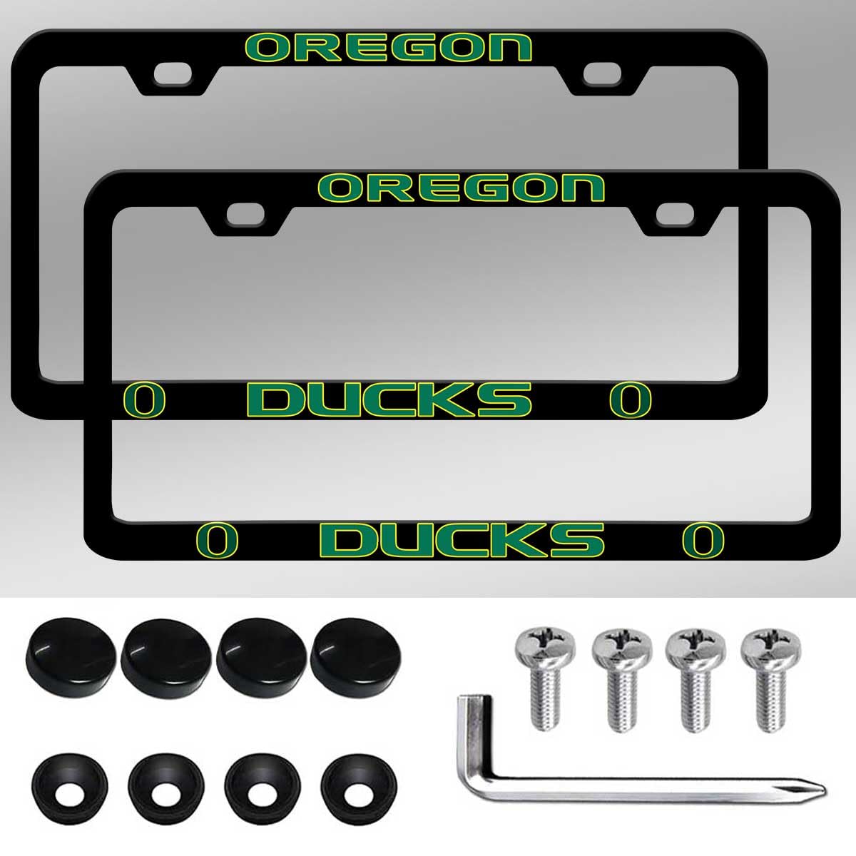 Photo 1 of 2 Pack Premium Slim Matte Black License Plate Frames for Oregon Ducks, Rust-Free Stainless Steel Rattle-Free, Street Legal, Universal with Screw Caps, Thin Metal Front & Rear Car Tag Holders