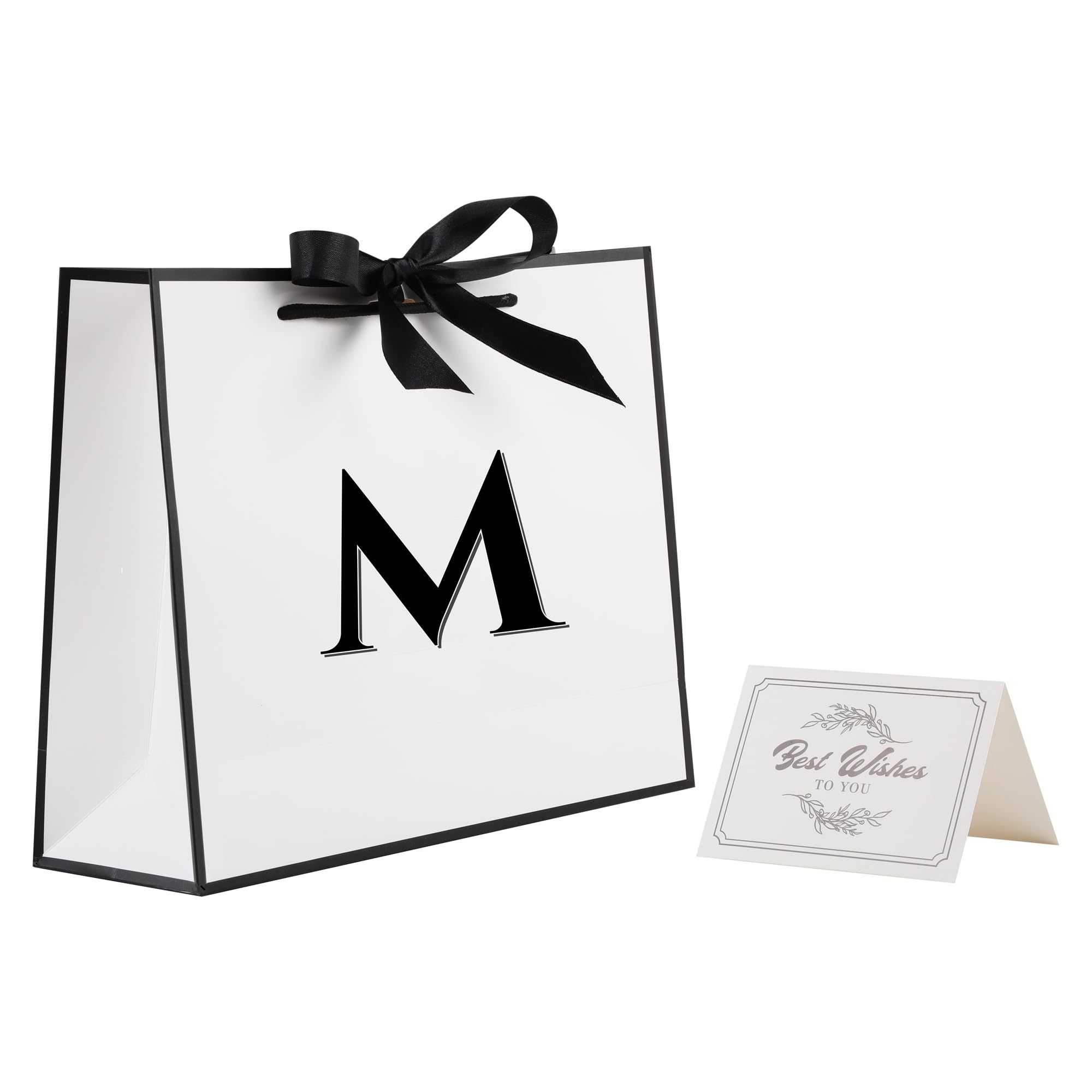 STOBOCTER Initial Gift Bag with Bow Ribbon and Card for Women Men, 16" x 11" Large White Black Paper Gift Bag, Personalized Letter Paper Bag for