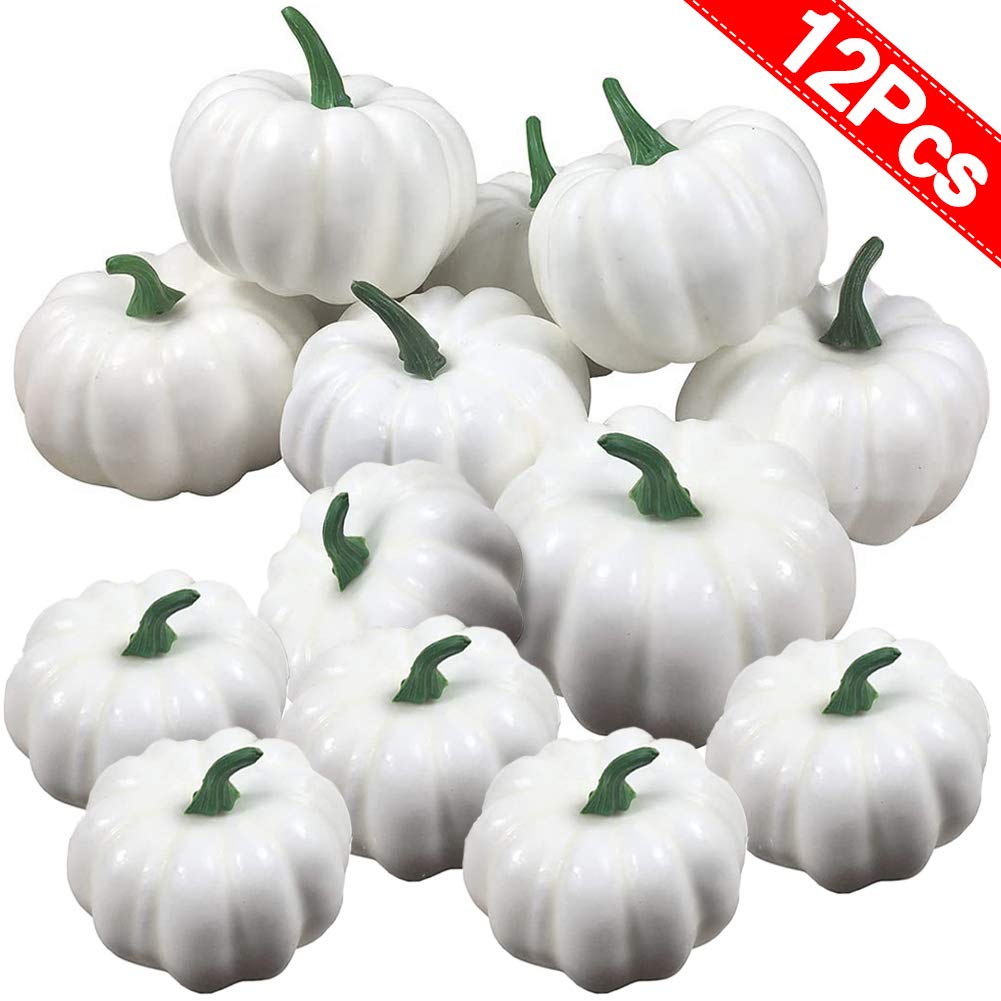 JINLE12Pcs White Pumpkins, Halloween Artificial Pumpkins Autumn Decoration Mini Fake Pumpkins for Home Garden Thanksgiving Fall Party