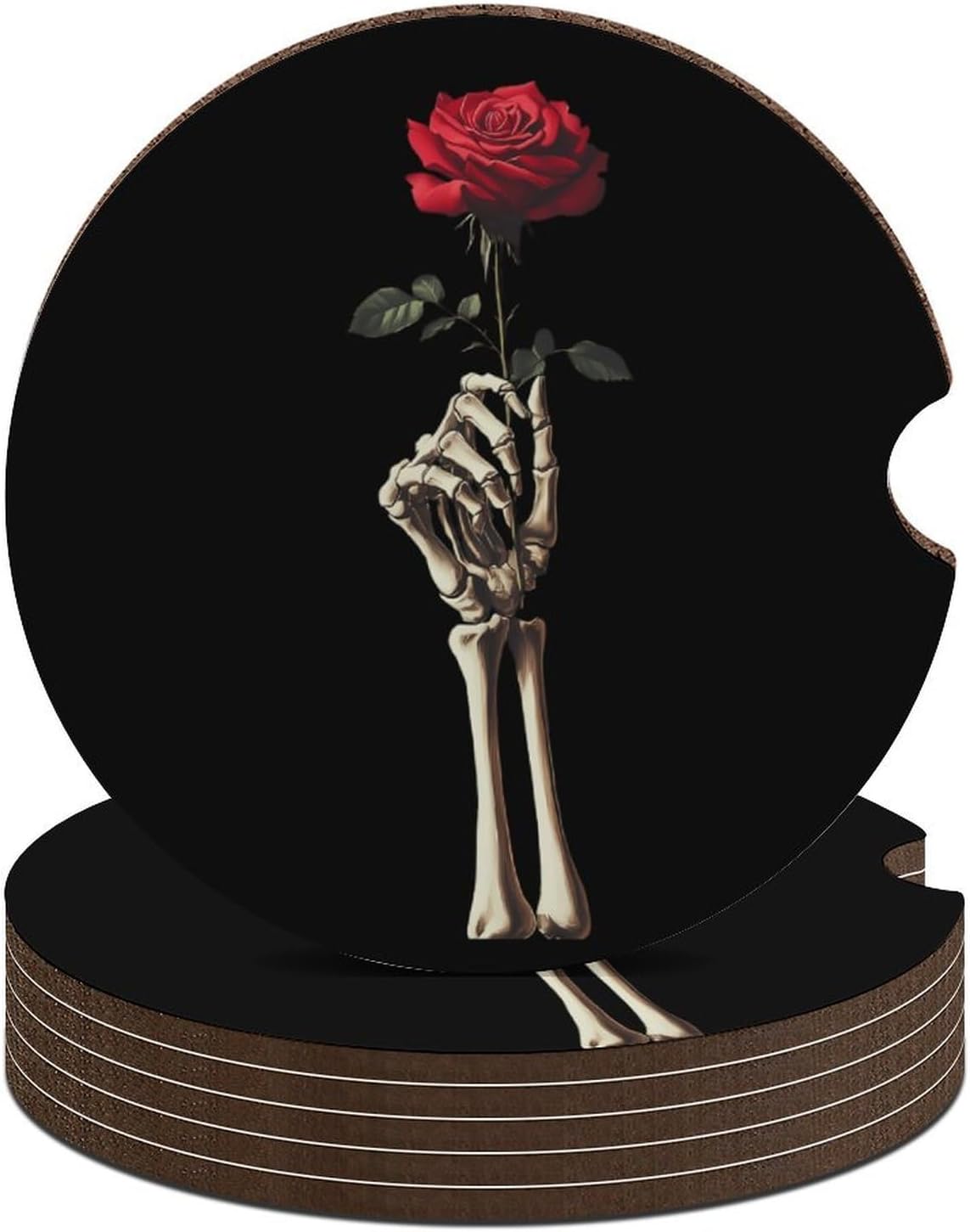 Skeleton Hand with Rose Cute Car Coasters 2.56 Inch Absorbent Cup Holder for Drinks Auto Interior Accessories