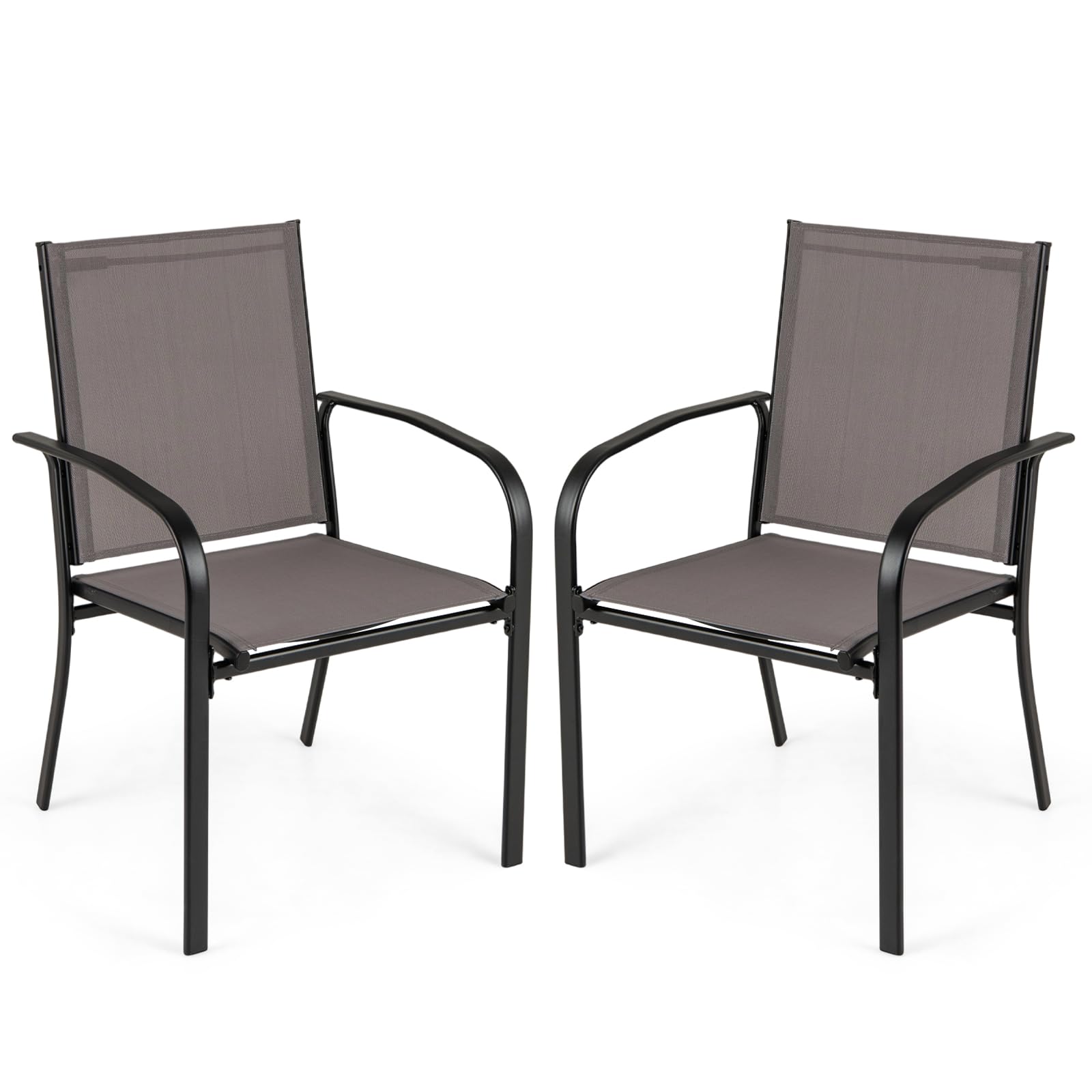 COSTWAY Garden Chairs Set of 2, Stackable Outdoor Dining Chairs with Backrest & Armrests, Steel Frame Fabric Patio Bistro Chair Deck Seats for Balcony Backyard Lawn Poolside (2, 57 x 61 x 89cm, Grey)