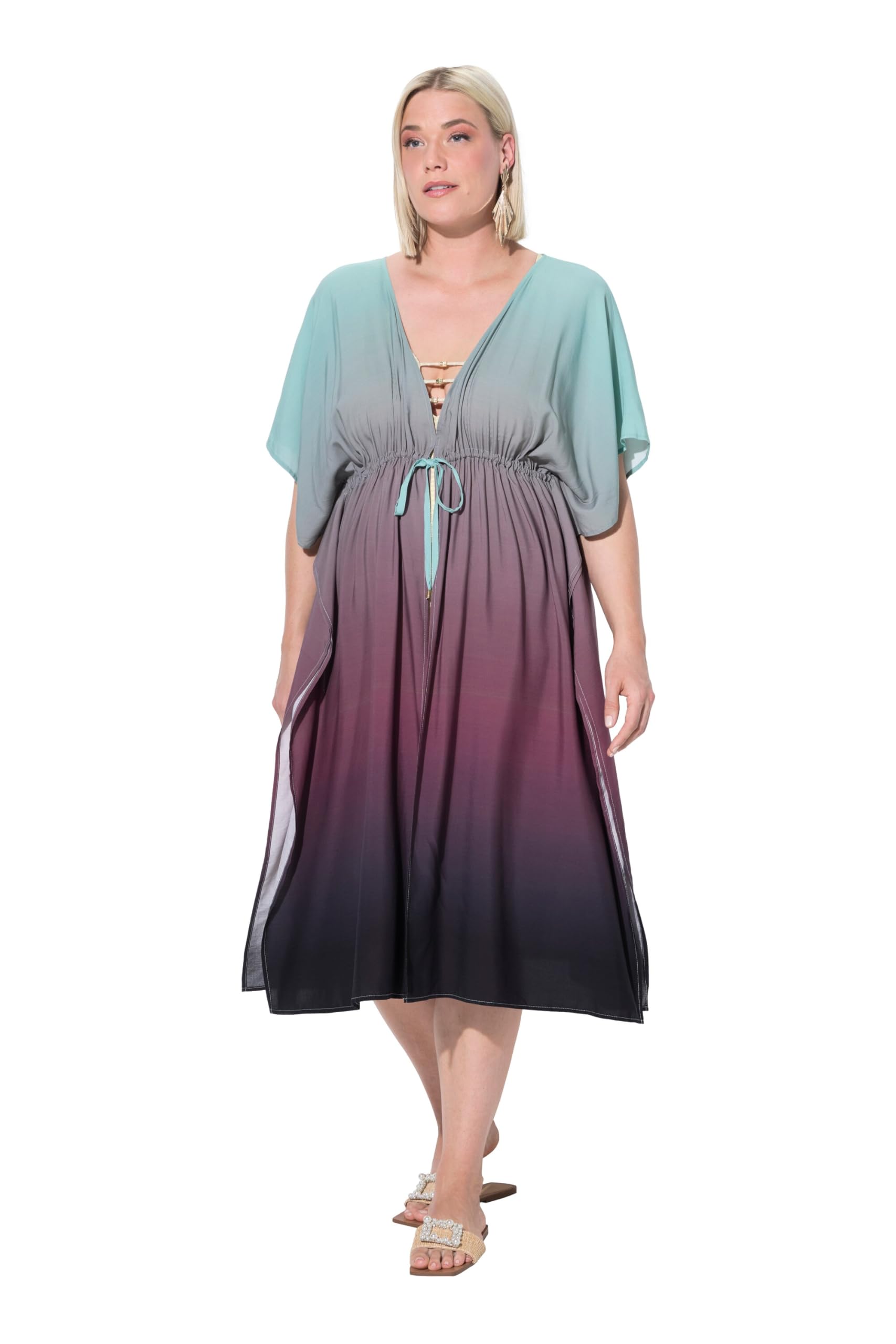 Ulla Popken Damen große Größen Übergrößen Plus Size Kaftan, Farbverlauf, Palmen, V-Ausschnitt, Halbarm 837090