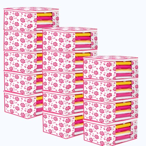 Image of Flower Printed Saree Covers for Cloth Storage & Wardrobe | Transparent Window, Zipper Closure | Pink-White | Pack of 14 | Dustproof Breathable Storage Bag for Travel & Home Use