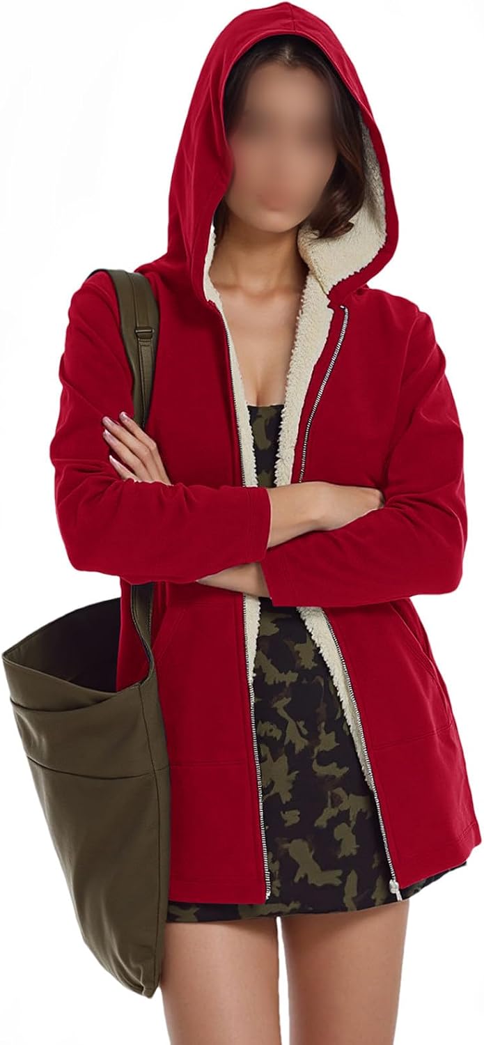 amropi Women's Sherpa Jacket Mid-Long Fleece Lined Hooded Sweatshirt Winter Warm Outerwear