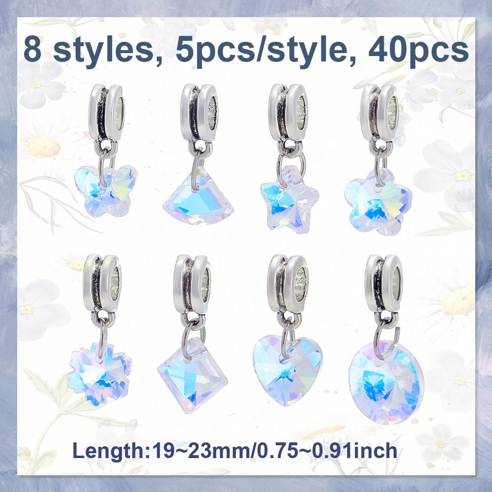 AHANDMAKER 40Pcs 8 Styles Crystal AB Glass Charms, Transparent Dangle Pendants with Large Rings Heart Star Flower European Beads for DIY Jewelry Making Necklaces Earrings Bracelets Keychains - Image 2