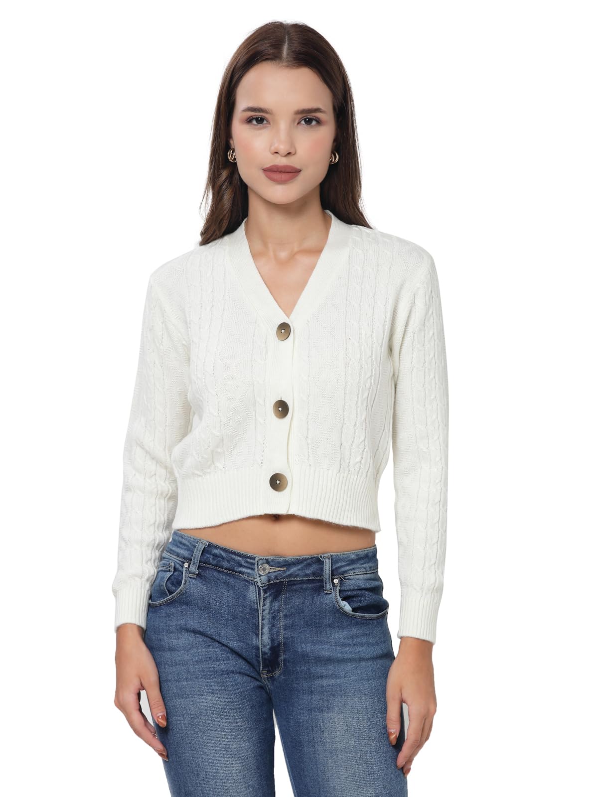 Women Full Sleeves V-Neck Cable Design Crop Cardigan-image-18
