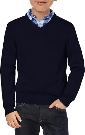 Haloumoning Boys School Uniform Sweater Kids Long Sleeve V Neck Pullover Fall Winter Clothes 5-14 Years