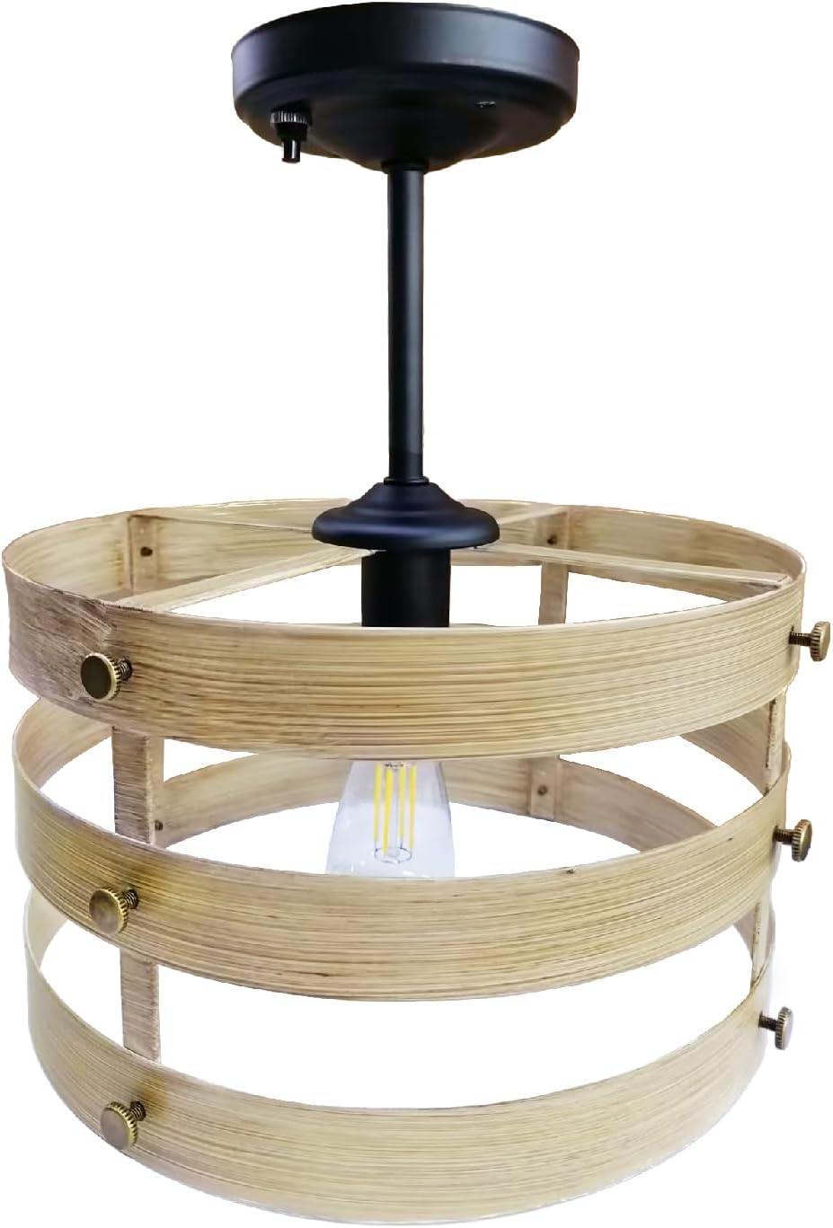 RV Interior 12volt DC LED Dinette Light Fixture with Switch Motor-Home Boat Ceiling Light Pendant Lamp for Dining Room - Matte Black, Wood Pattern Round Shade, 3500K, 11.5inch