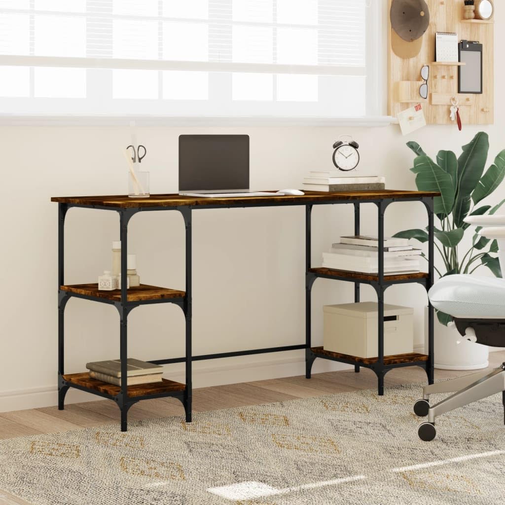 Tavolo Salvaspazio Scrivania Gaming Tavolo Consolle Scrivanie Gaming Scrivania Rovere Fumo 140x50x75 cm Metallo e Legno Multistrato per Studio Camera Da Letto Sala Studio Soggiorno