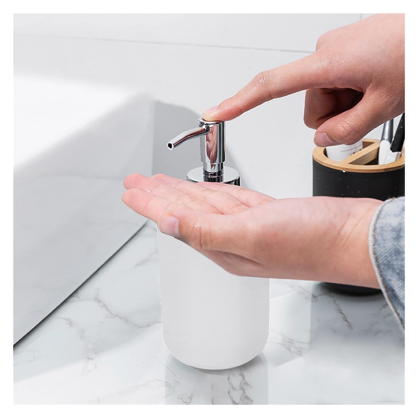 Set Dispensador Jabon Baño Juego de baño con dispensador de jabón, Soporte for Cepillo de Dientes y Caja de algodón for decoración del hogar, Caja de Almacenamiento(White)