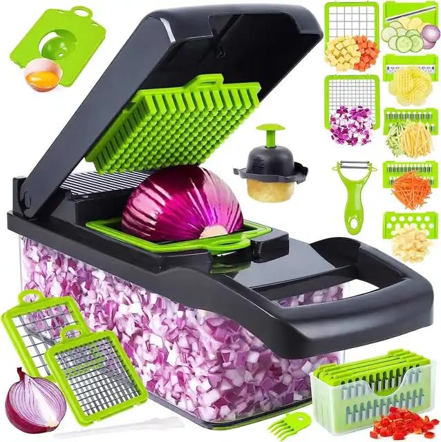 AWH Vegetable Chopper, 14-in-1 Multifunctional Food Chopper, Stainless Steel Blades, Black, Kitchen Vegetable Slicer Dicer Cutter