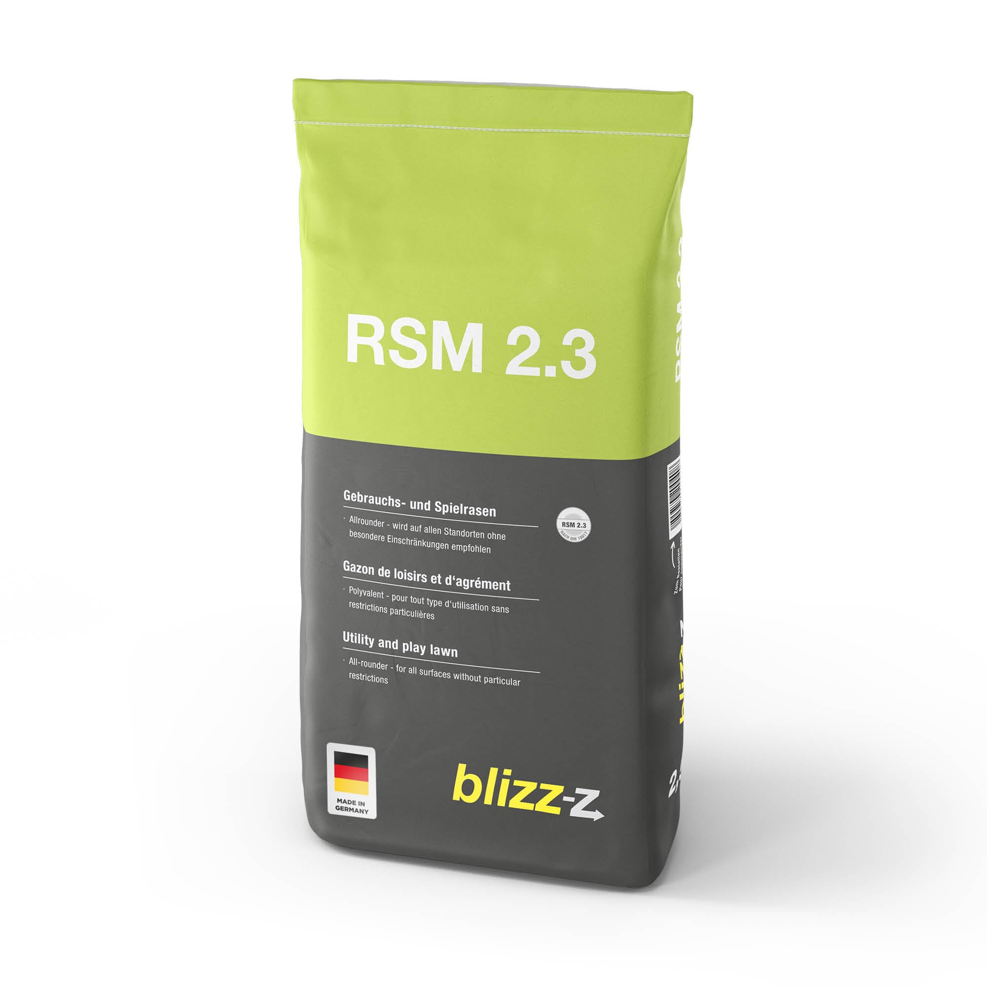 blizz-z RSM 2.3 Gebrauchs- und Spielrasen 2,5 kg Sack für ca. 100 m² | hoch belastbarer, winterharter Rasen für Spiel- und Liegewiesen, Hausgärten in Profiqualität | Made in Germany