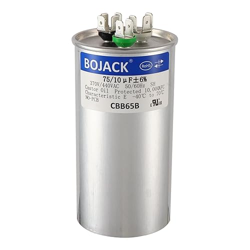 BOJACK 75+10 uF 6% 7510 MFD 370440 VAC CBB65 Condensador redondo de arranque de doble funcionamiento para condensador recto frío o bomba de calor