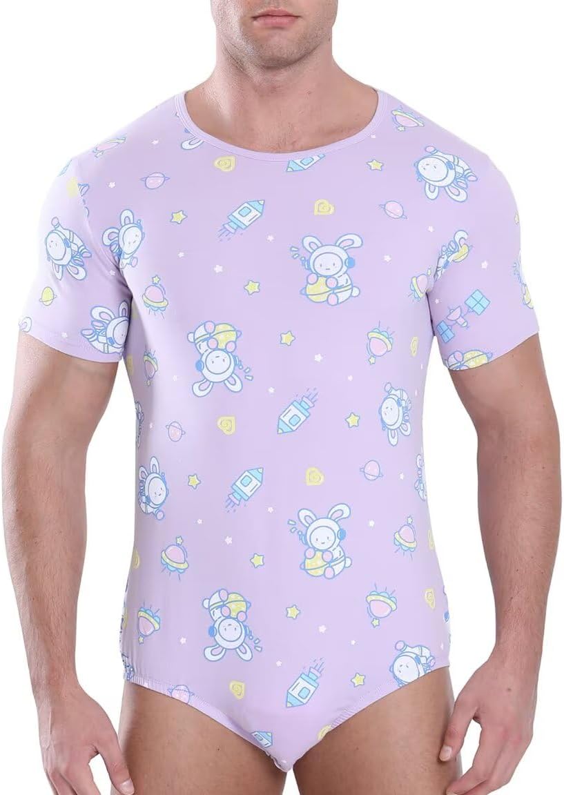 Landofgenie Men Short Sleeve Bodysuit Pajama Print Bodysuit One Piece Pajamas Rompers Basic Onesie - Image 3