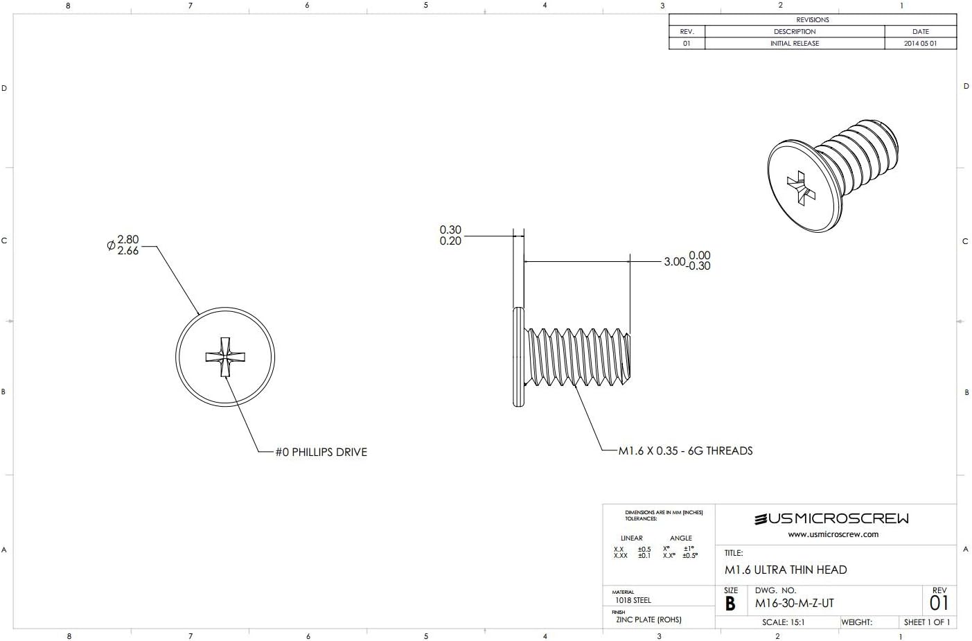 M1.6-0.35 X 3mm Machine Screw Zinc Plated Steel Ultra Thin Head Phillips Drive (100 Pcs) - M16-30-M-Z-UT