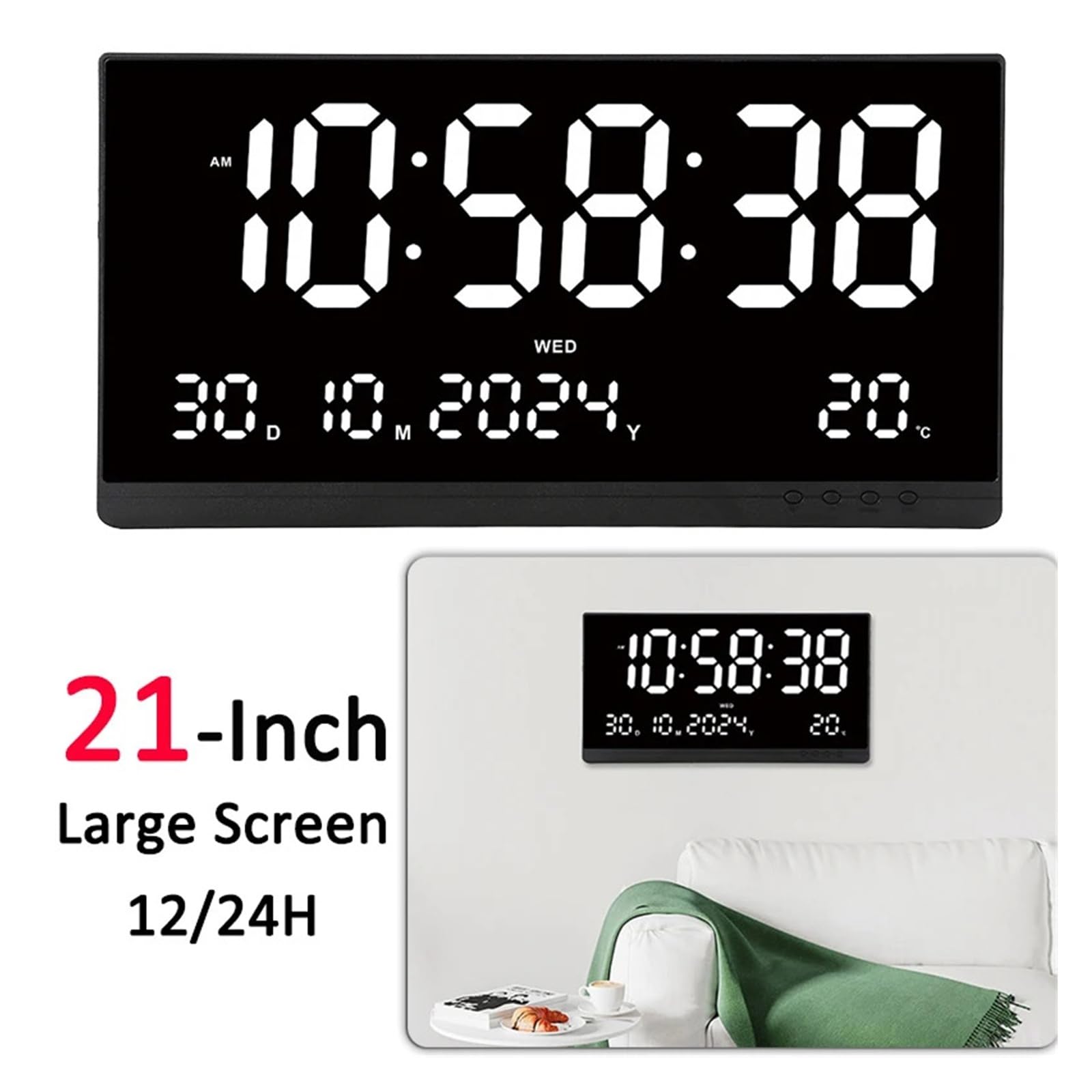 Grande horloge murale numérique de 21 pouces, calendrier 12/24H, affichage de l'heure/jour/mois/année/température, réveil électronique LED Utilisation multiscénario(Blue)