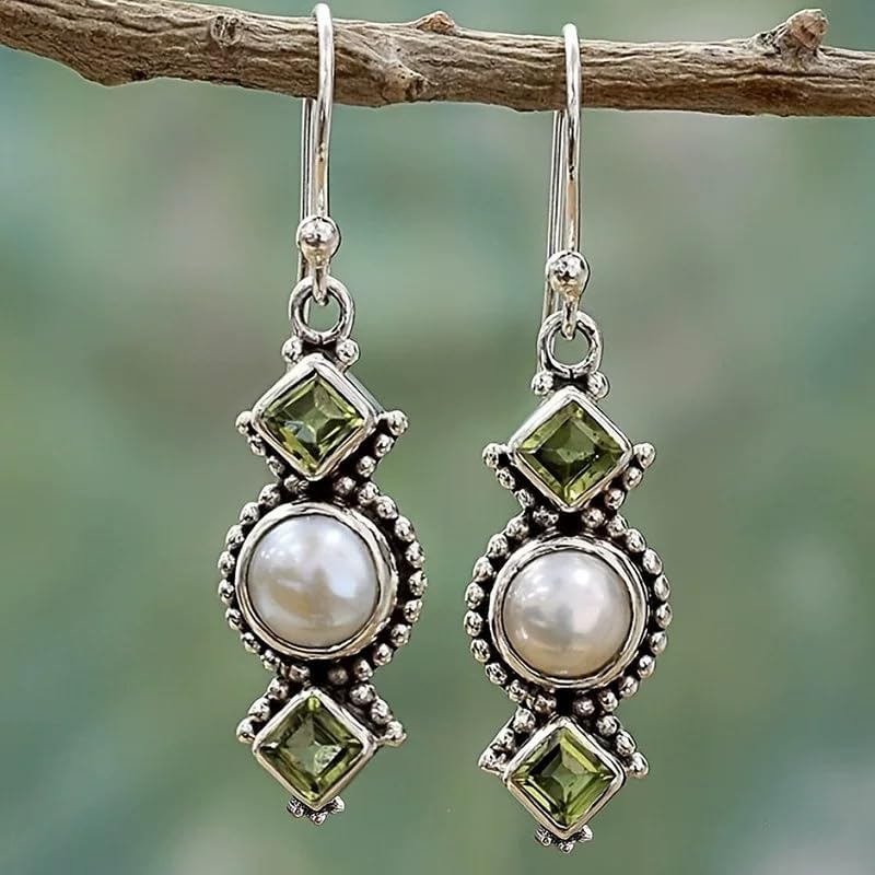 Aretes largos de geometría bohemia, estilo vintage, de cristal verde plateado, para mujer