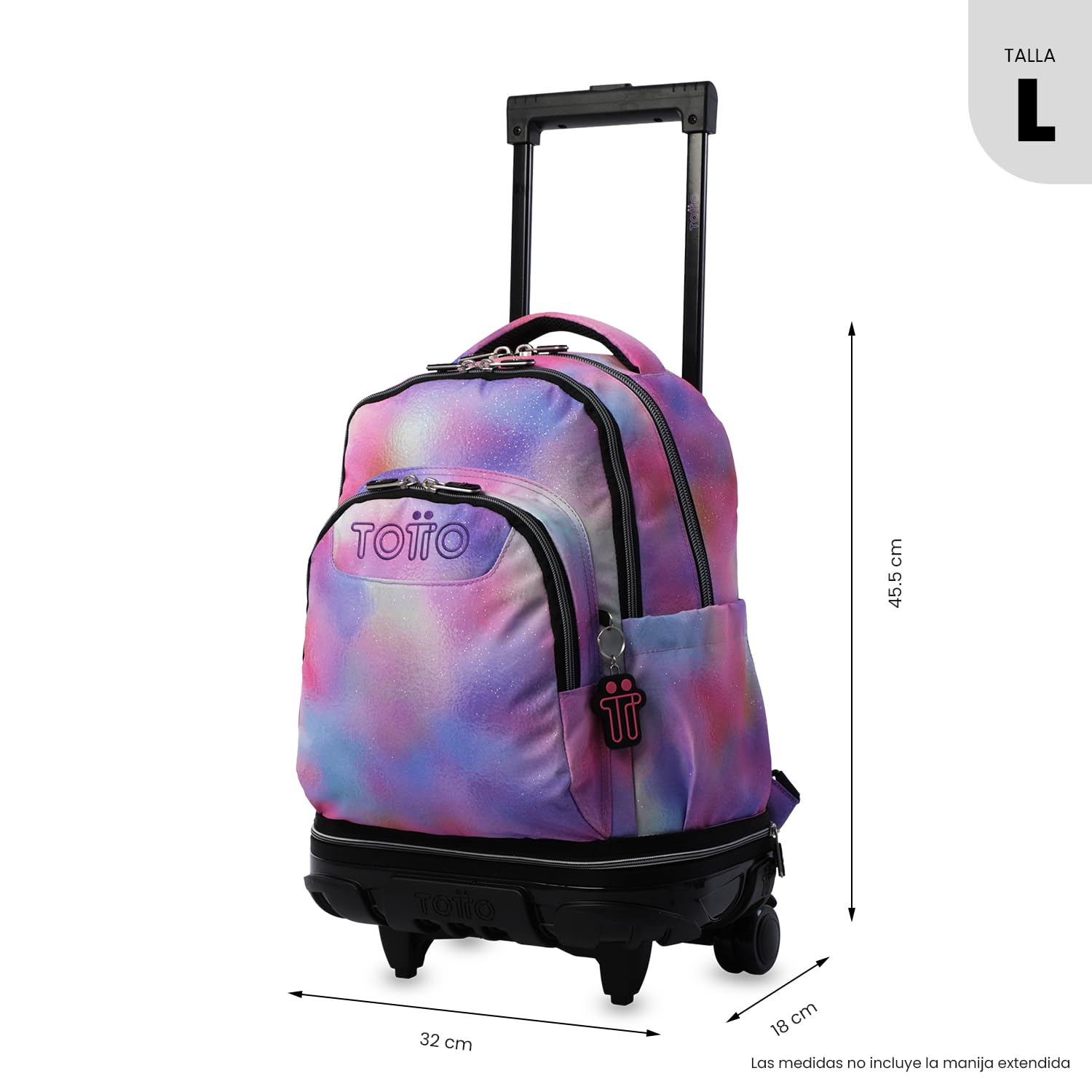 TOTTO - Mochila Escolar con Ruedas Desmontables, Modelo Tiza Glitter, Capacidad 26 L, Mochila PC 15.4", Bolsillo Botella, Manija Telescópica, Espaldar Ergonómico y Correas en S, Estampado Bloom
