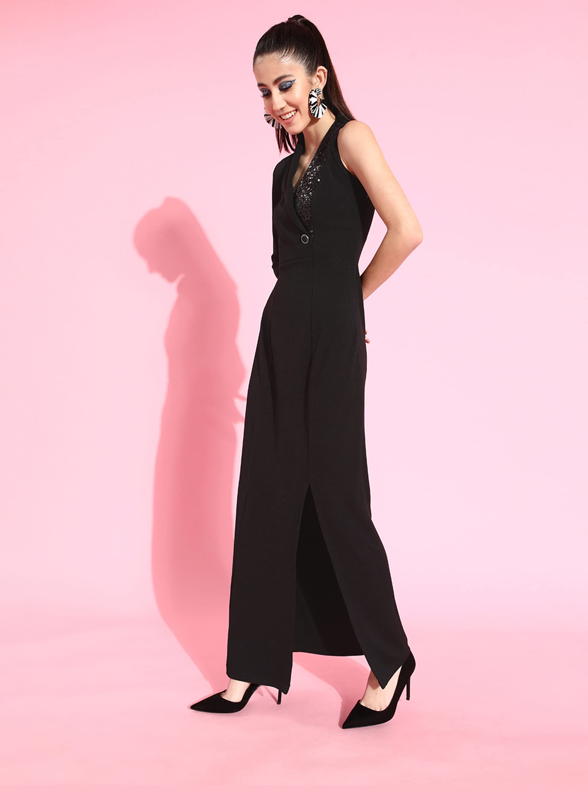 Miss Chase Women's Black Solid Asymmetric Sequined Maxi Dress (Mcaw21D13-37-62-05, Black, L)
