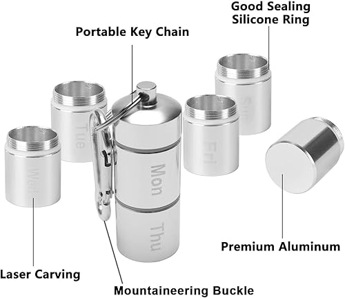 Miniatura 8 de Paquete de 2 pastilleros semanales, pastilleros de 7 días, 7 compartimentos de aleación de aluminio, portátil, organizador de medicamentos,
