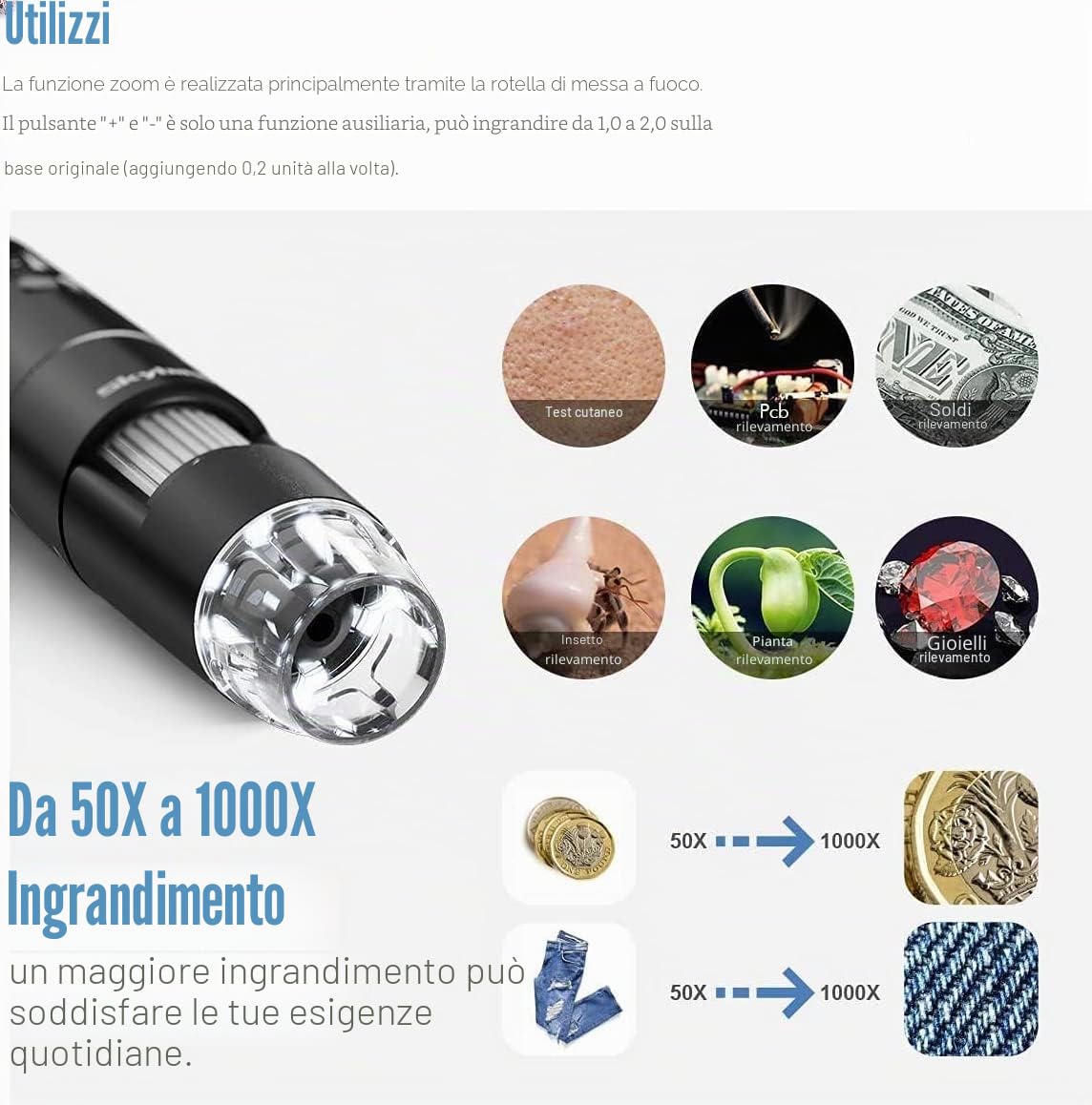 SKYBASIC Microscopio Digitale WiFi, Handy-Microscopio Digitale Portatile con 8 LED Mini Videocamera Compatibile per Android/iOS/Windows/Mac, Ingrandimento da 50X a 1000X 1080P