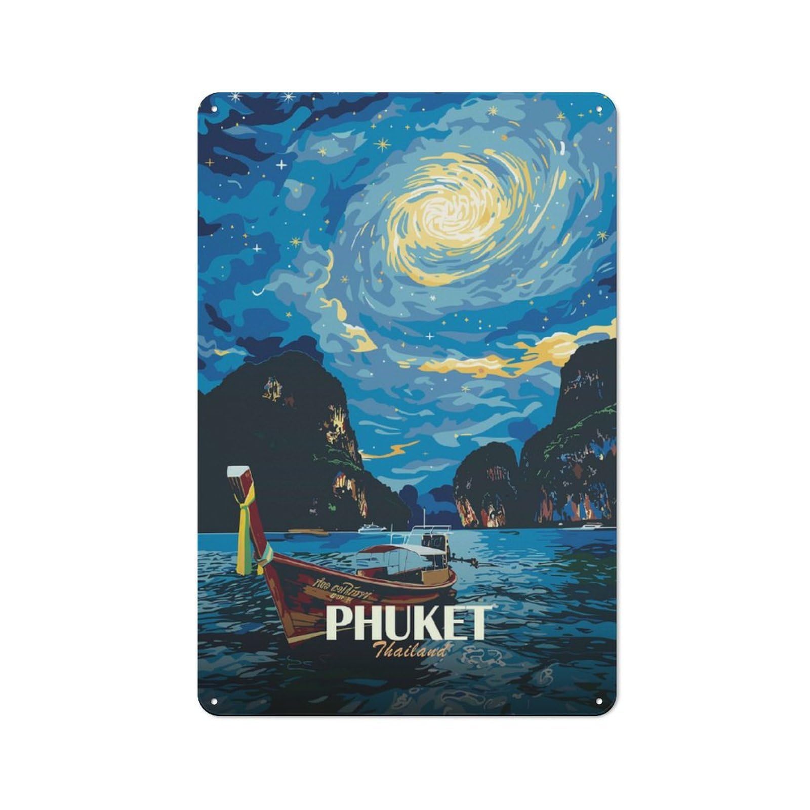 Phuket Thailand Night Sky Boat Decorative Tin Plaque 30x20cm, Decorative Novelty Wall Art for Hallway, Home Bar, Garage Or Study