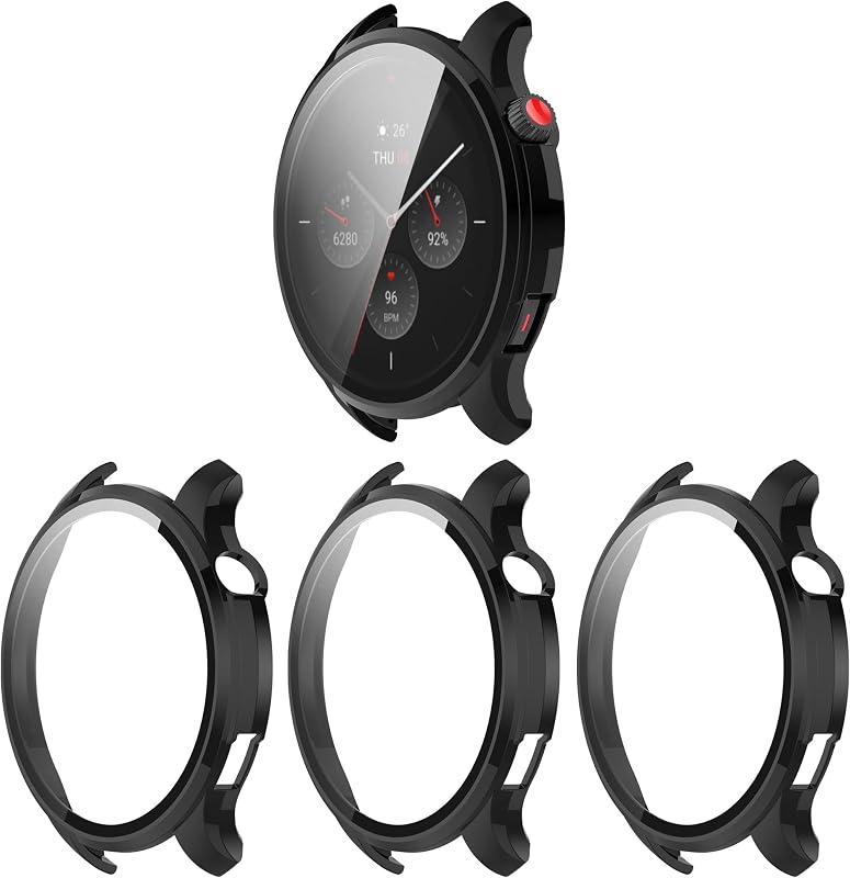 Compatible with Amazfit GTR 4 Case Cover, Scratch-Resistant Full Cover PC Protective Case with HD Tempered Glass Screen Protector for Amazfit GTR4 Smartwatch (Black*3)