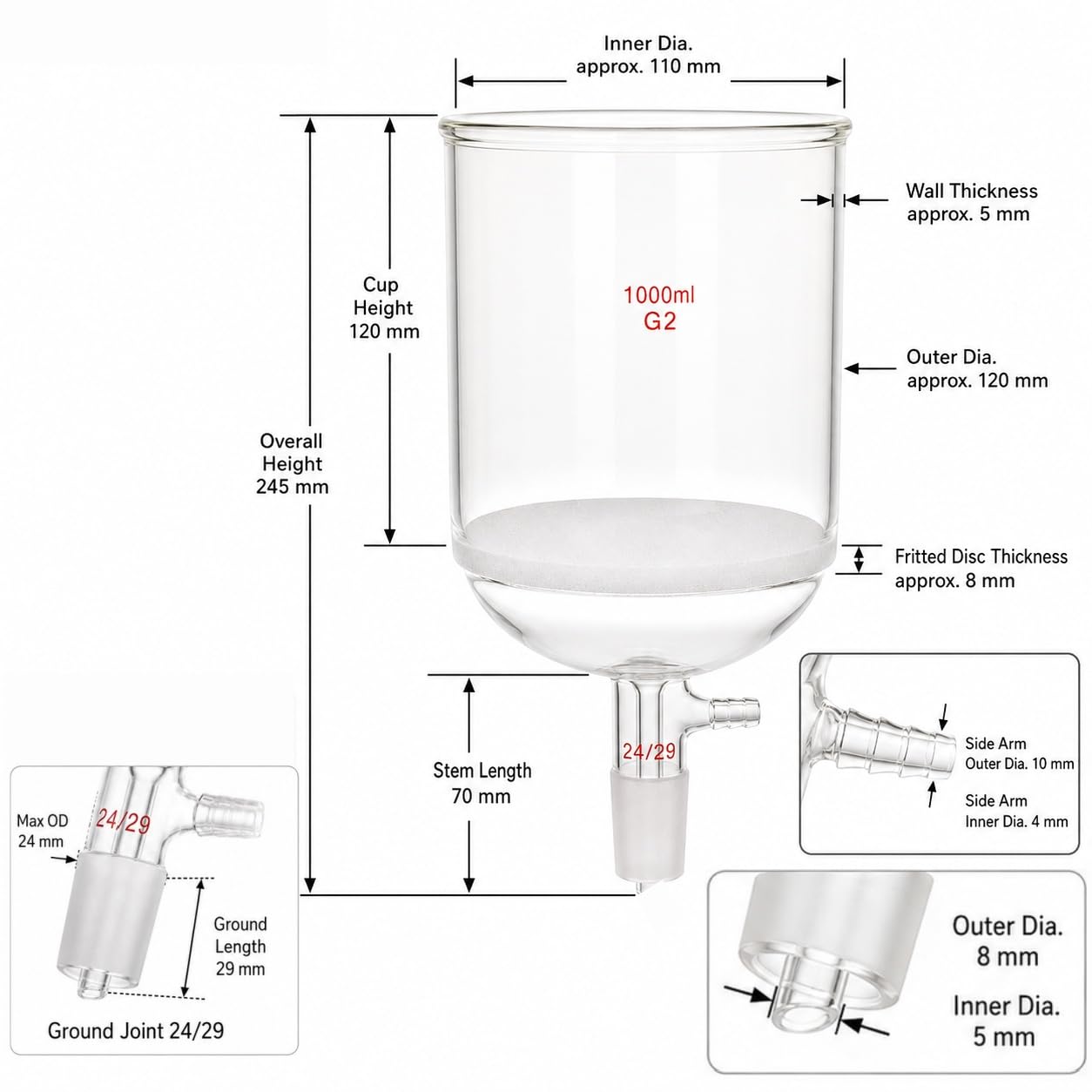 Embudo Filtrante Vidrio Borosilicato Núcleo Arena G2 Aparato Succión-1000ml, 24/29