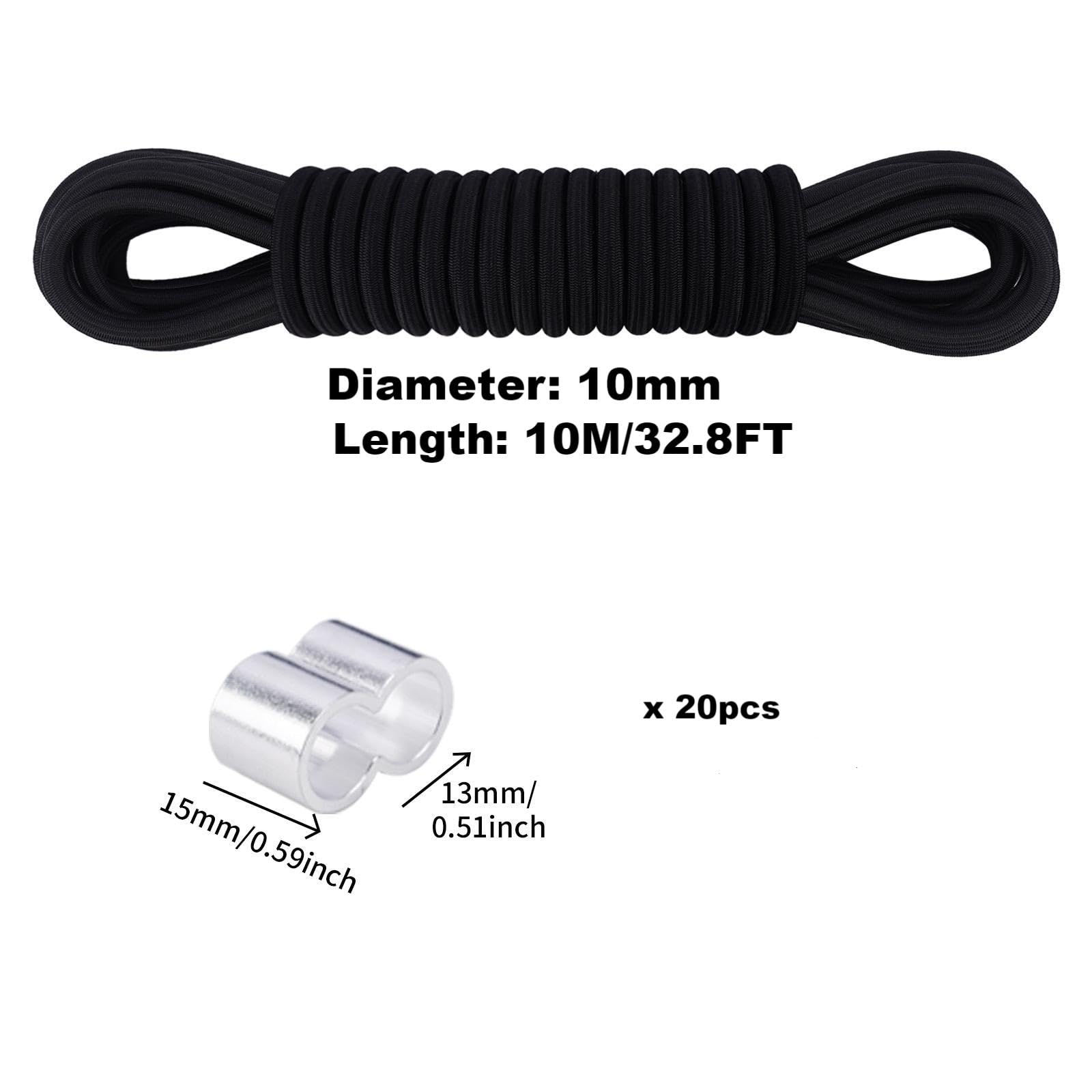 VirtuGro Elastic Bungee Cord 10mm x 10m Heavy Duty Shock Cord Elastic Rope with 20pcs Aluminum Crimping Loop Sleeves - Image 2