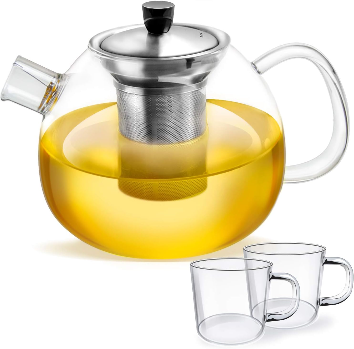 smartpeasGlass Teapot with Infuser - 1000 ML Volume Capacity - Removable Stainless Steel Filter and Spout Filter - Heat-Resistant Borosilicate Glass - Bonus: 2x Glass Tea Cups