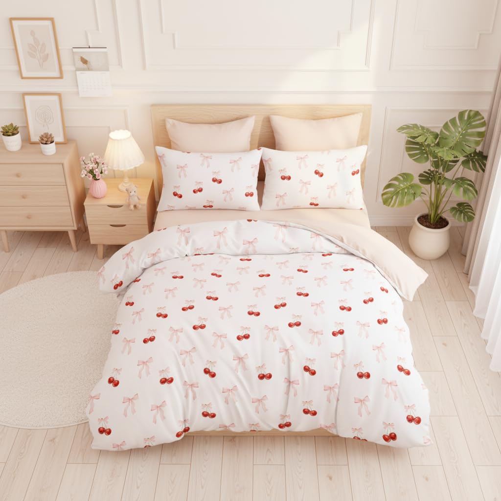 Covebett King Duvet Cover Sets Red Cherry and Pink Bows Microfiber Reversible Bedding Set 3pcs Aesthetic Girls Women Pink Bow Cute Quilt Cover 220x230 with Zipper Closure and 2 Pillowcase 50x75 cm