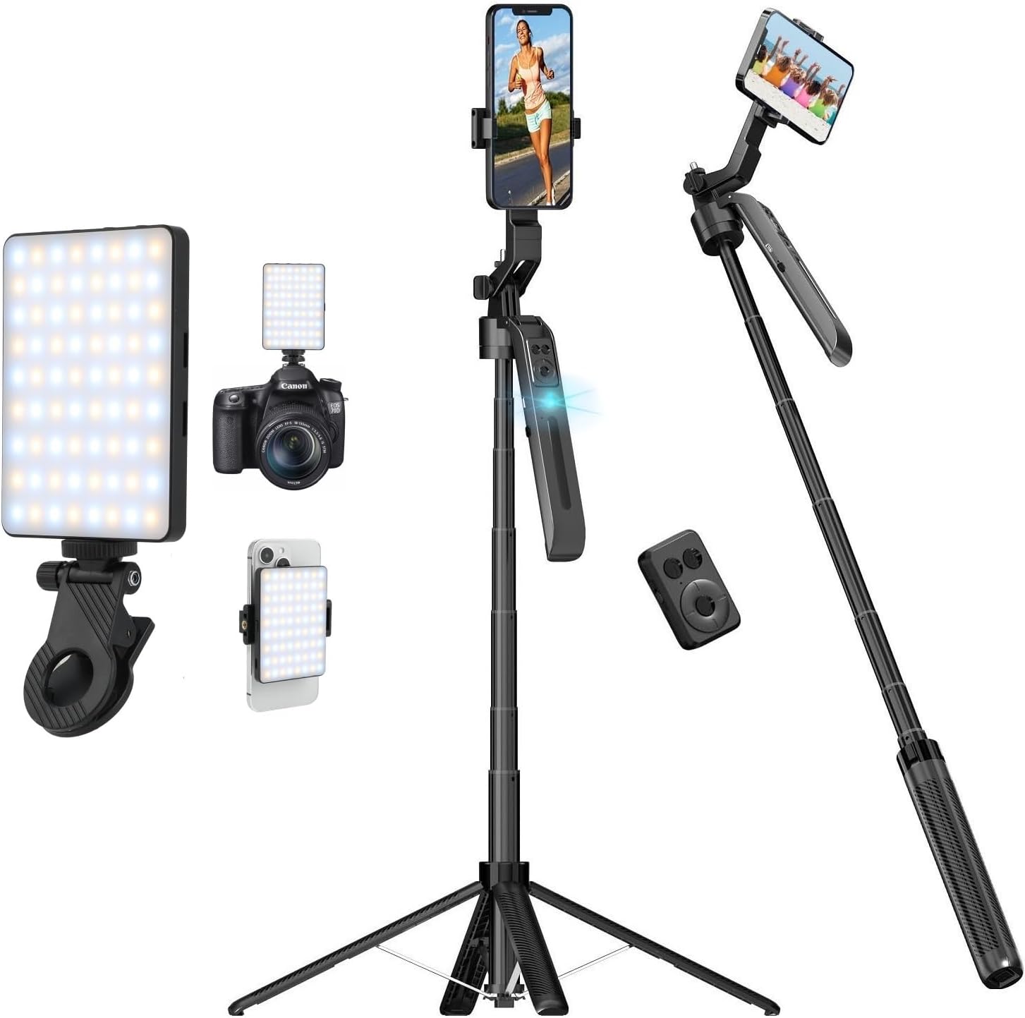 71" Extendable Smart Auto Face Tracking Tripod Selfie Stick Bundle with Selfie Phone Light Clip LED Video Light for Live Streaming Vlogging Tiktok